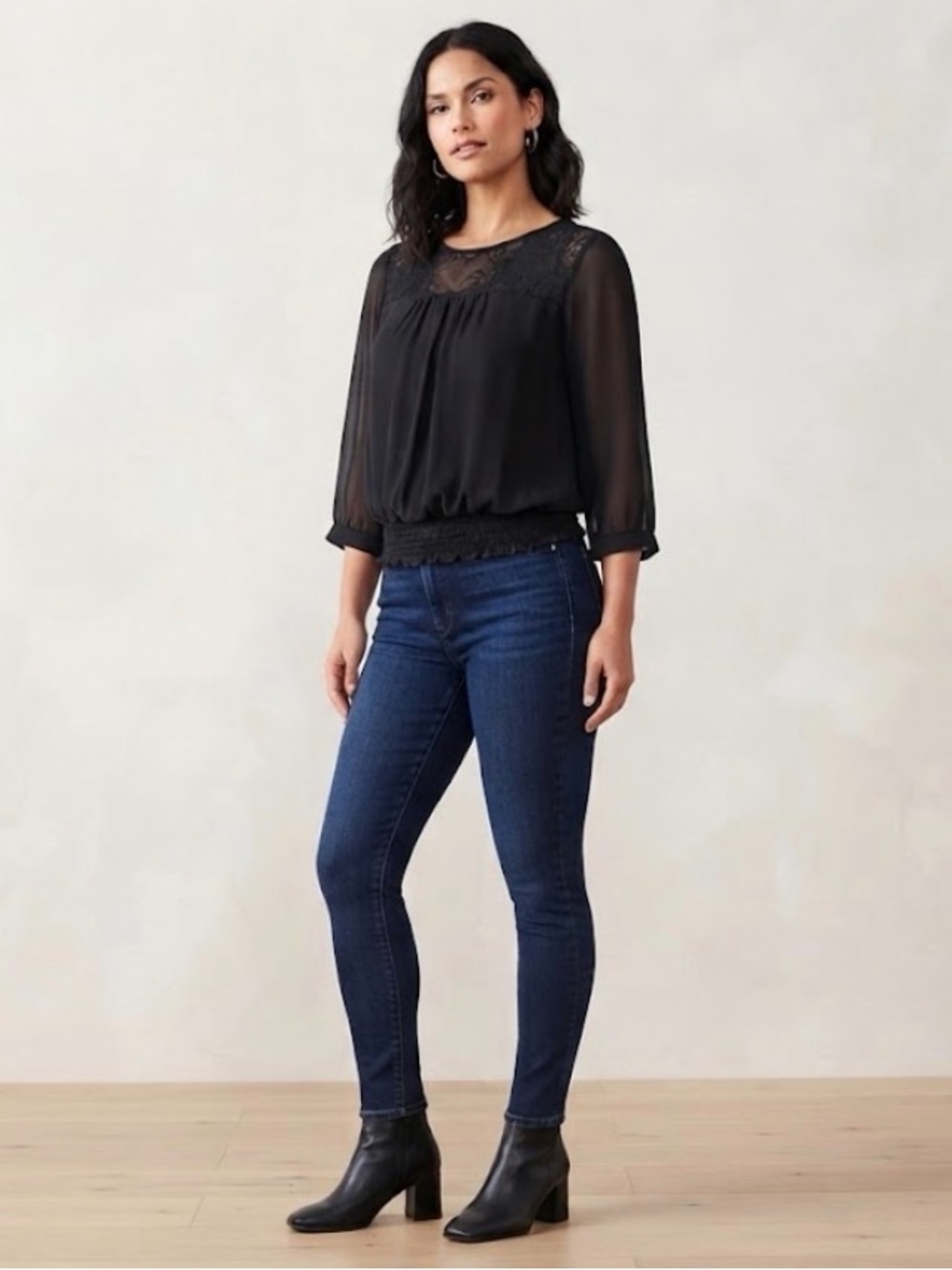 AB Studio Black Lace-Yoke Sheer Blouse